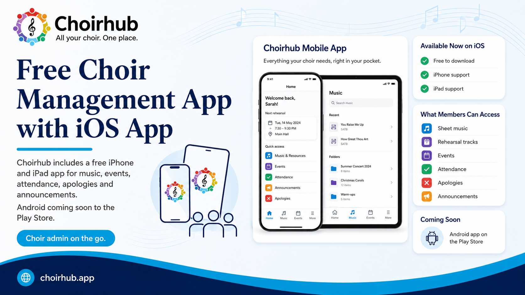 Choirhub infographic on free choir management app with iOS app